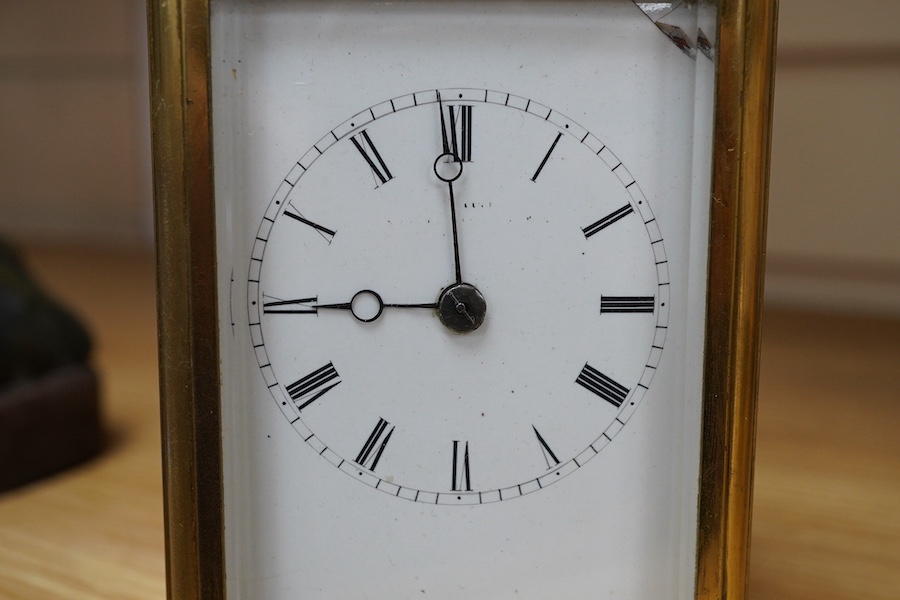 A 19th century French gorge cased carriage clock with original early lever escapement, c.1880, and enamel dial, with key, 16cm high. Condition - dial poor, untested